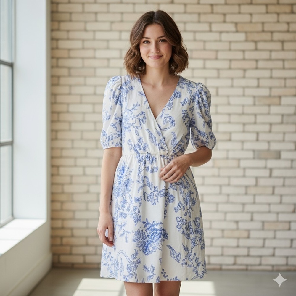 NEW MNG Mango Belted Floral dress White Blue 8 Missing Belt Short Cottagecore